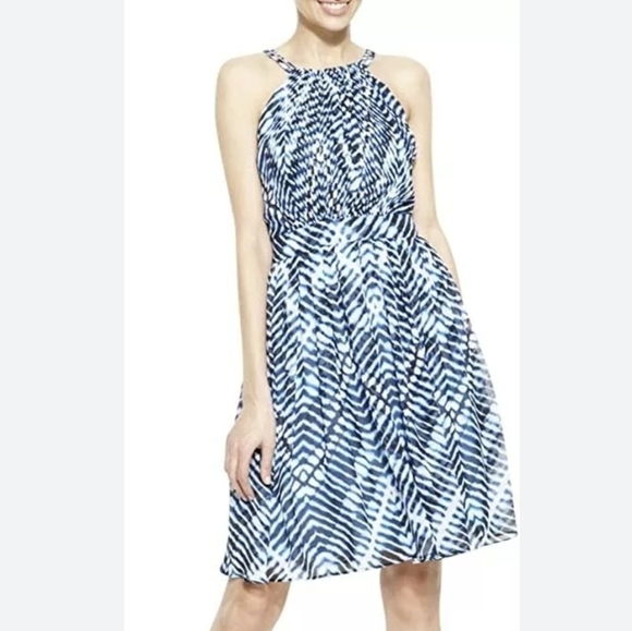 Calvin Klein Adriatic High Neck Sleeveless Tie-Dye Chevron Blue Dress Size‎ 14W - Picture 1 of 10